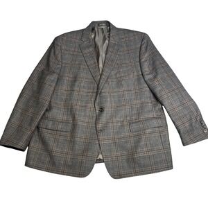 Lauren Ralph Lauren Mens 50R Grey Brown Plaid 100% Wool Natural Stretch Blazer
